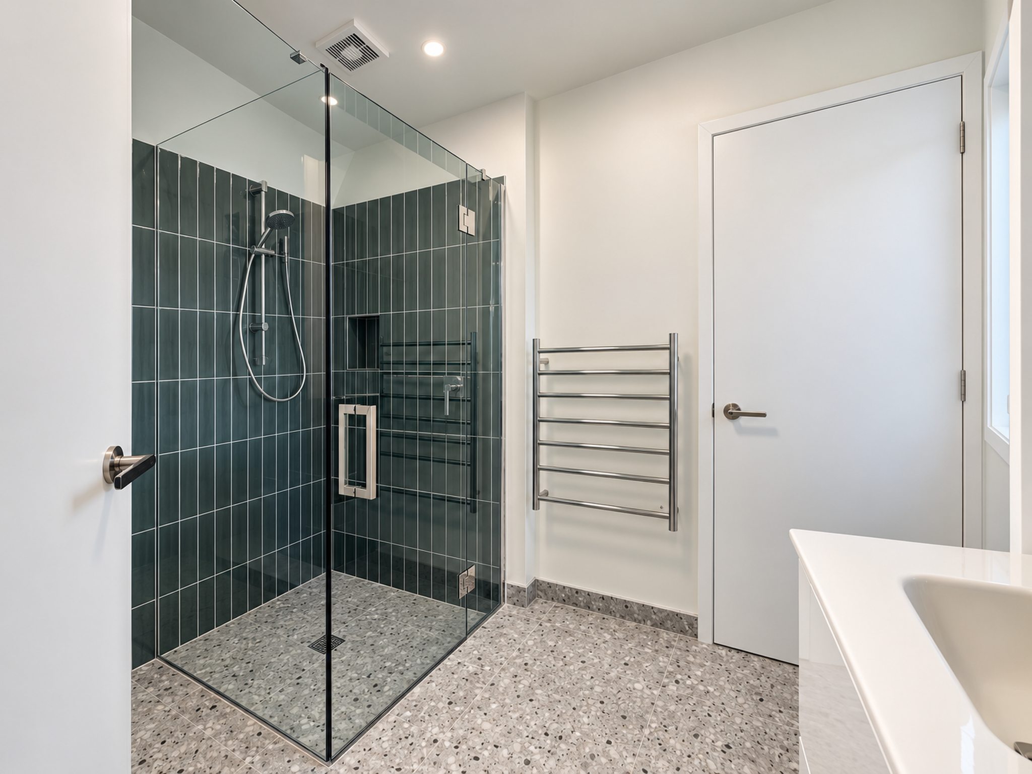 New bathroom in completed central Christchurch townhouse renovation by Gareth Davis Builders