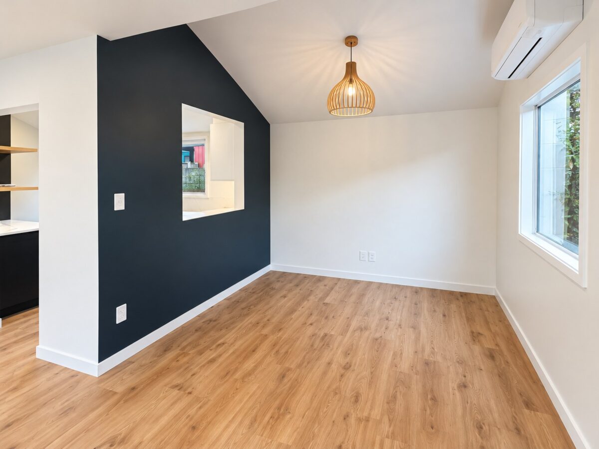 Dining area in completed central Christchurch townhouse renovation by Gareth Davis Builders