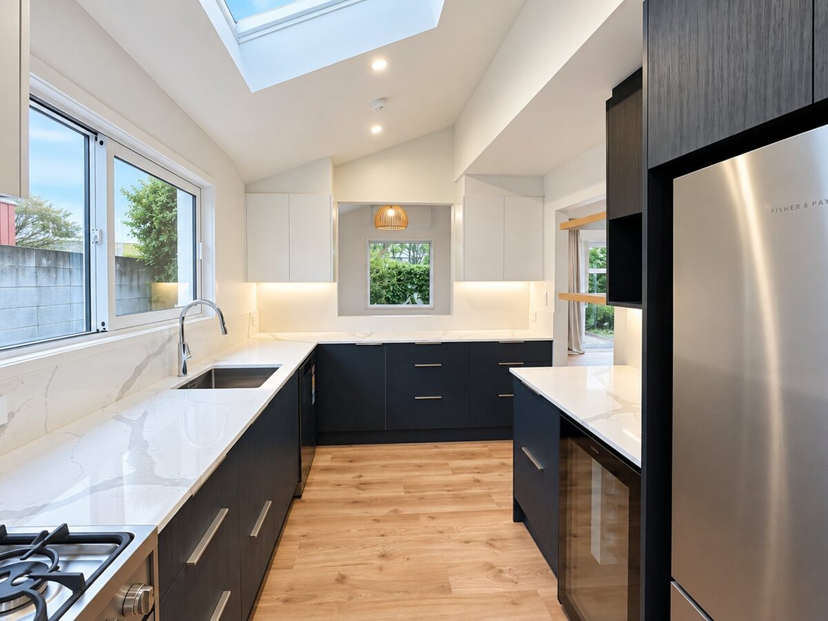 New kitchen in completed central Christchurch townhouse renovation by Gareth Davis Builders