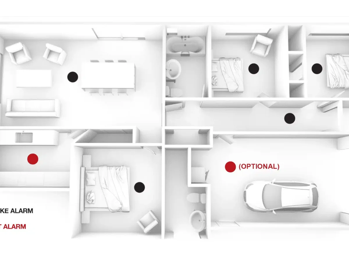 Interconnected smoke alarm layout in a New Zealand home